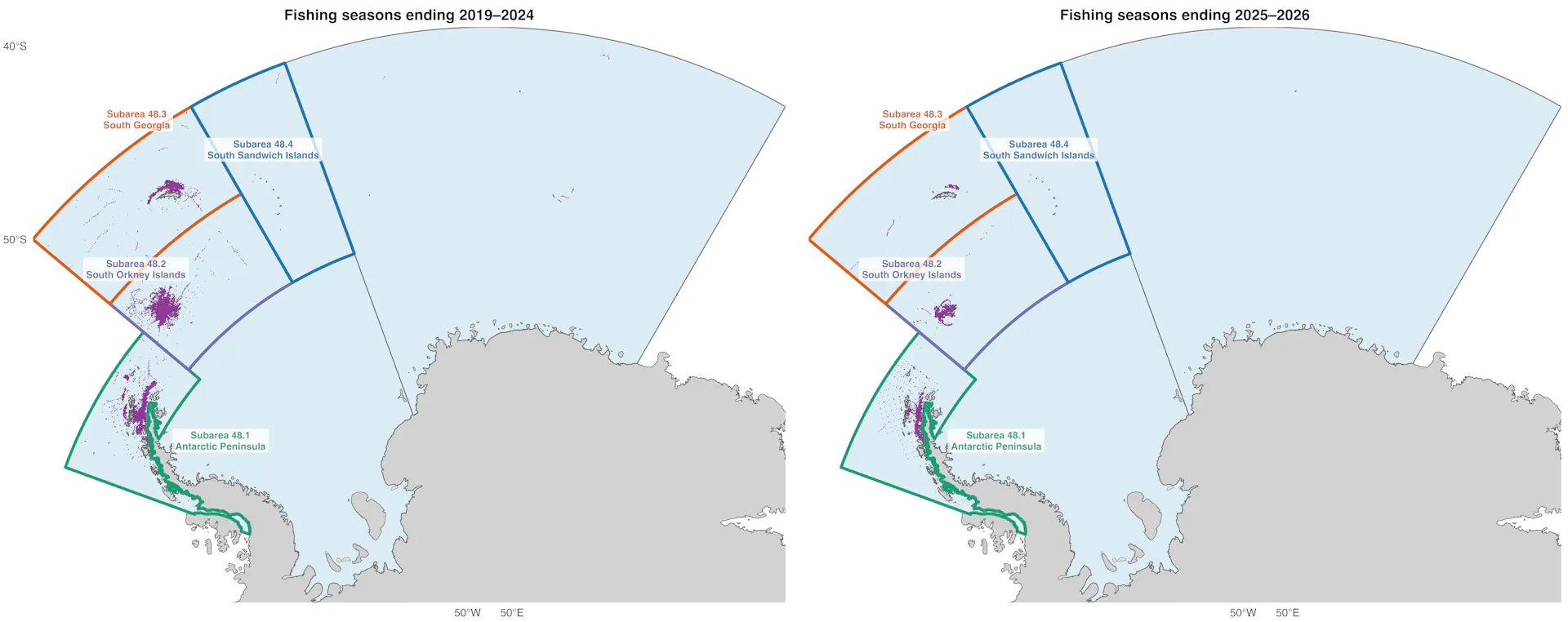Two maps of a region of Antarctica and the Southern Ocean below the Atlantic show purple shading where krill fishing activity happened under two different sets of rules. More krill were caught in 2025 and 2026 than in the previous years, in a smaller area of the ocean.
