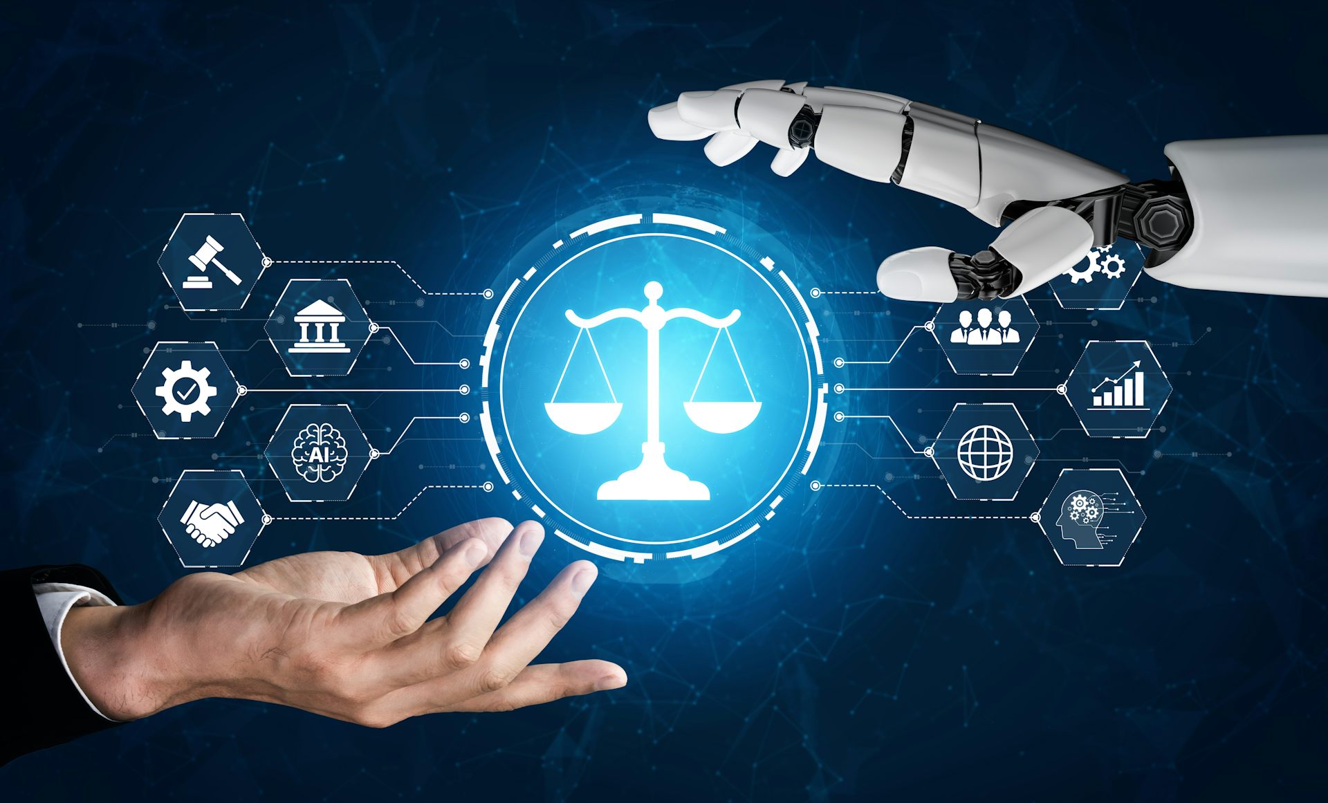 Concept showing a human and robot hand controlling justice-oriented tools.