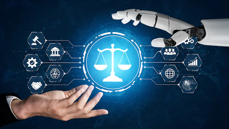 Concept showing a human and robot hand controlling justice-oriented tools.