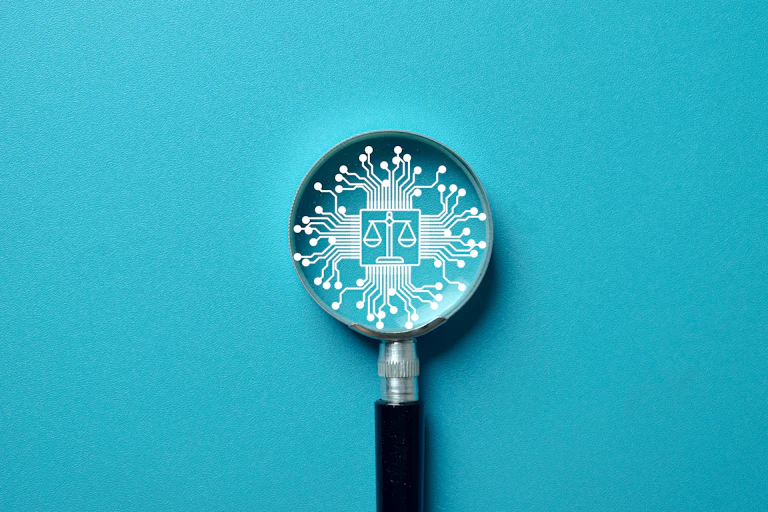 Magnifying glass analysing scales of justice on an AI chip