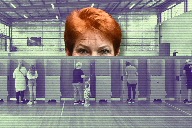 Composite image of polling booths with Pauline Hanson's face appearing to loom over them