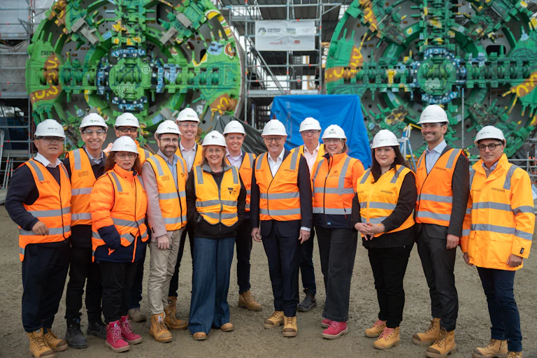Anthony Albanese and others at the Suburban Rail loop construction site.