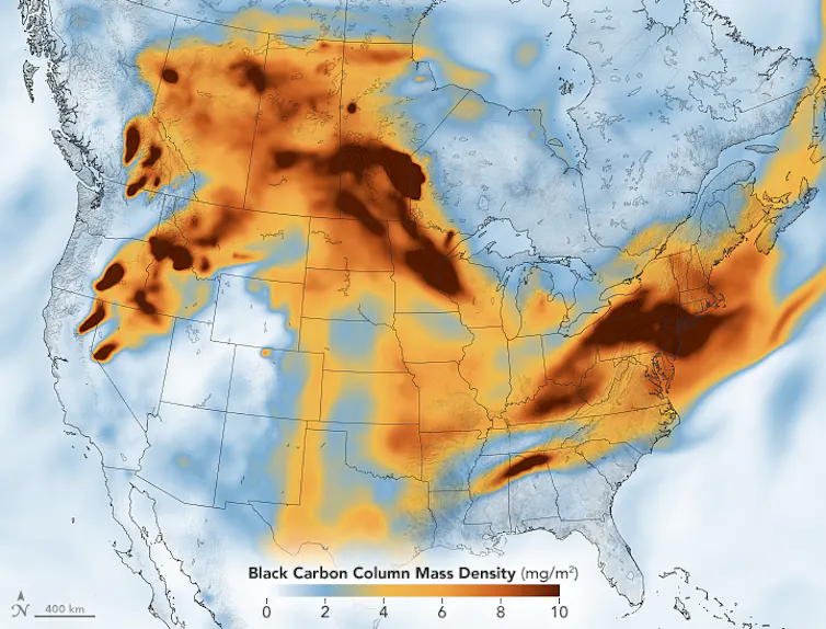 A North America map shows how wildfire smoke spreads far from its origin, and stays dense for hundreds of miles.