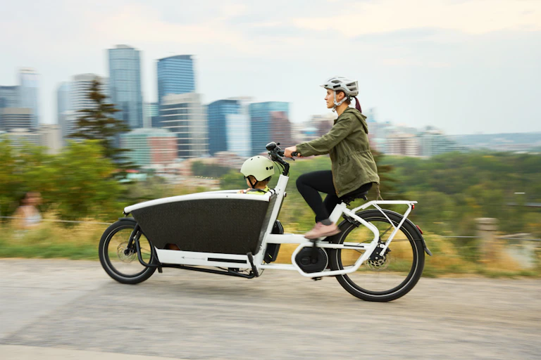 A mum rides her young child in a cargo bike