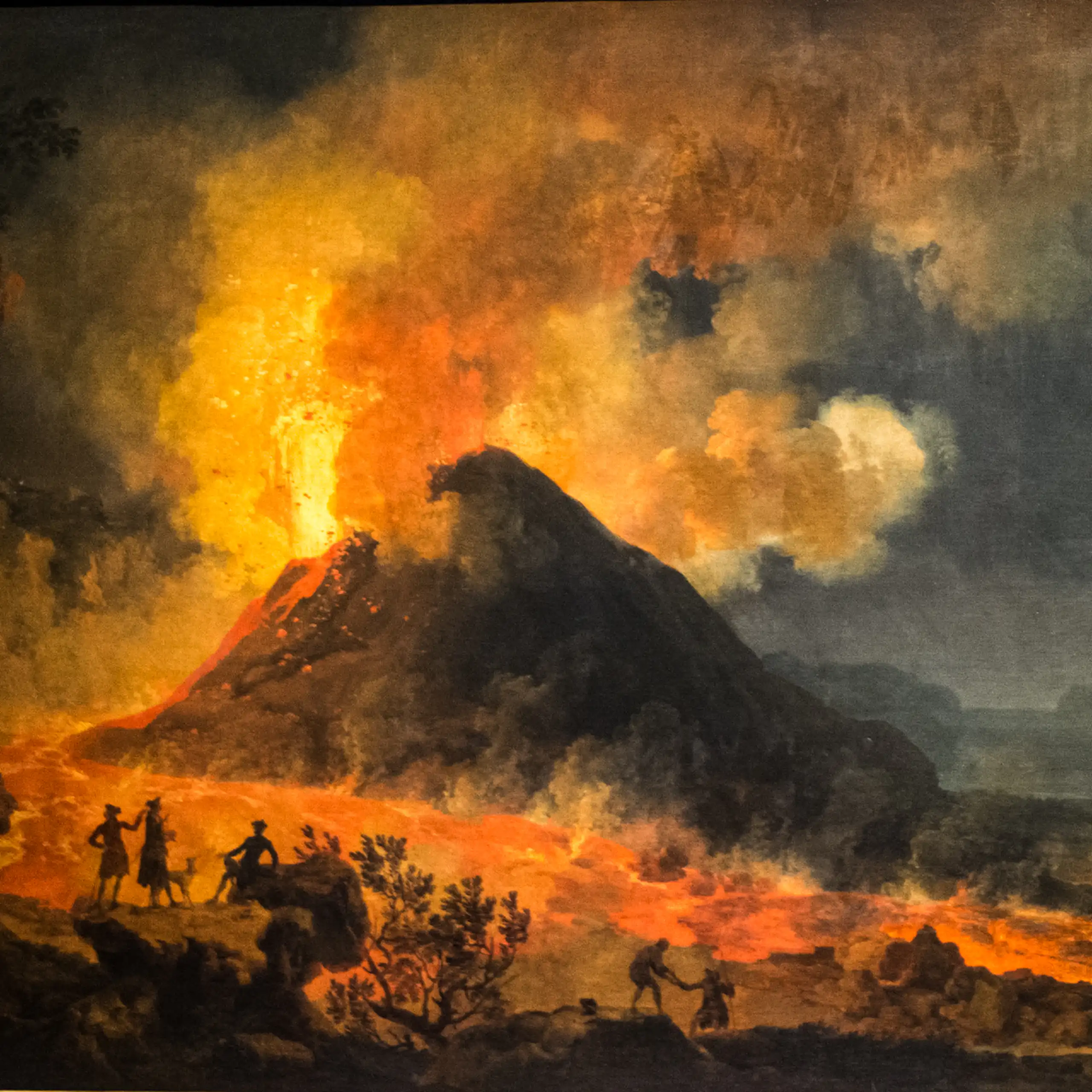 A wide colourful image showing the Eruption of Vesuvius by Pierre Jacques Volaire.