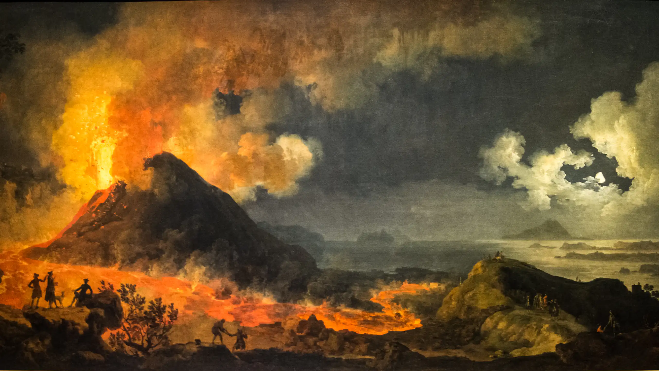A wide colourful image showing the Eruption of Vesuvius by Pierre Jacques Volaire.