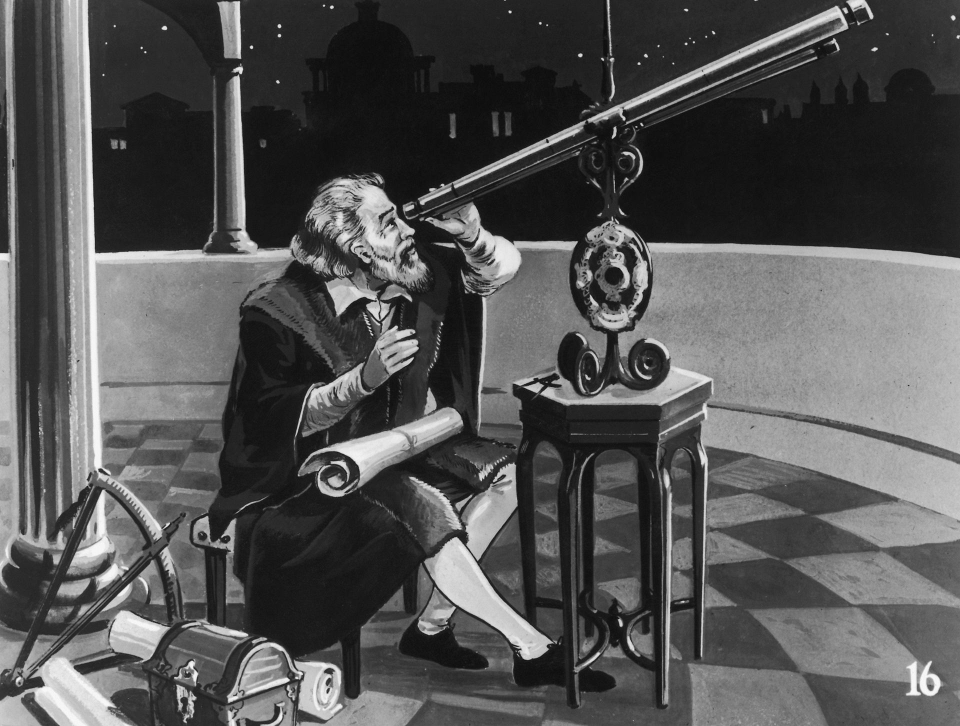 A black-and-white illustration of an astronomer looking through a long, thin telescope