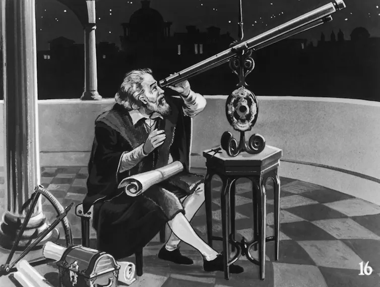 A black-and-white illustration of an astronomer looking through a long, thin telescope