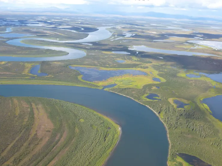 A landscape with logs of lakes and a river.