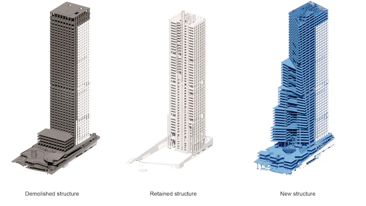 Three diagrams of the same office building, showing how it was extended using upcycled building materials.