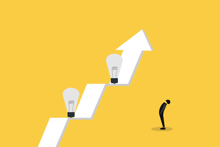 graphic of man looking up at yellow arrow with lightbulbs, yellow background