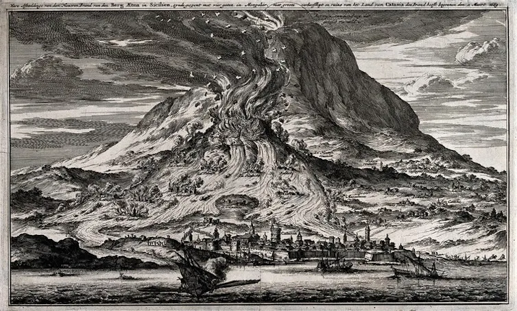 A black and white etching of the eruption of Mount Etna in AD1669.