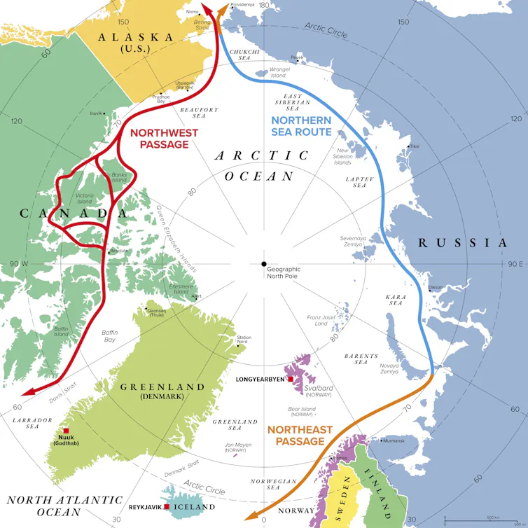 A map showing the northern sea route from Russia's far east to the Norwegian Sea.