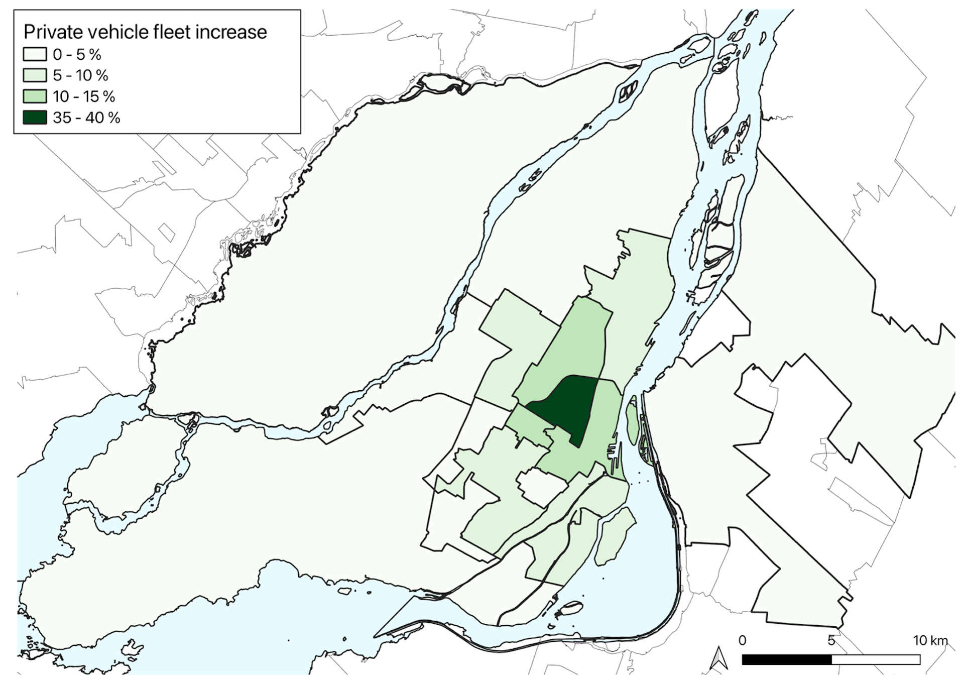 Carte montrant les zones de Montréal où les gens achèteraient le plus une voiture advenant la disparition de Communauto