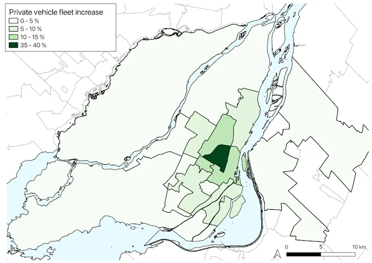 Carte montrant les zones de Montréal où les gens achèteraient le plus une voiture advenant la disparition de Communauto