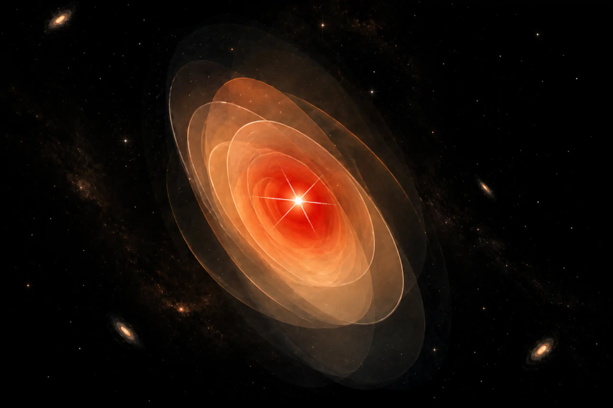 An illustration of a bright red dot with a shining light in its centre against a black sky.