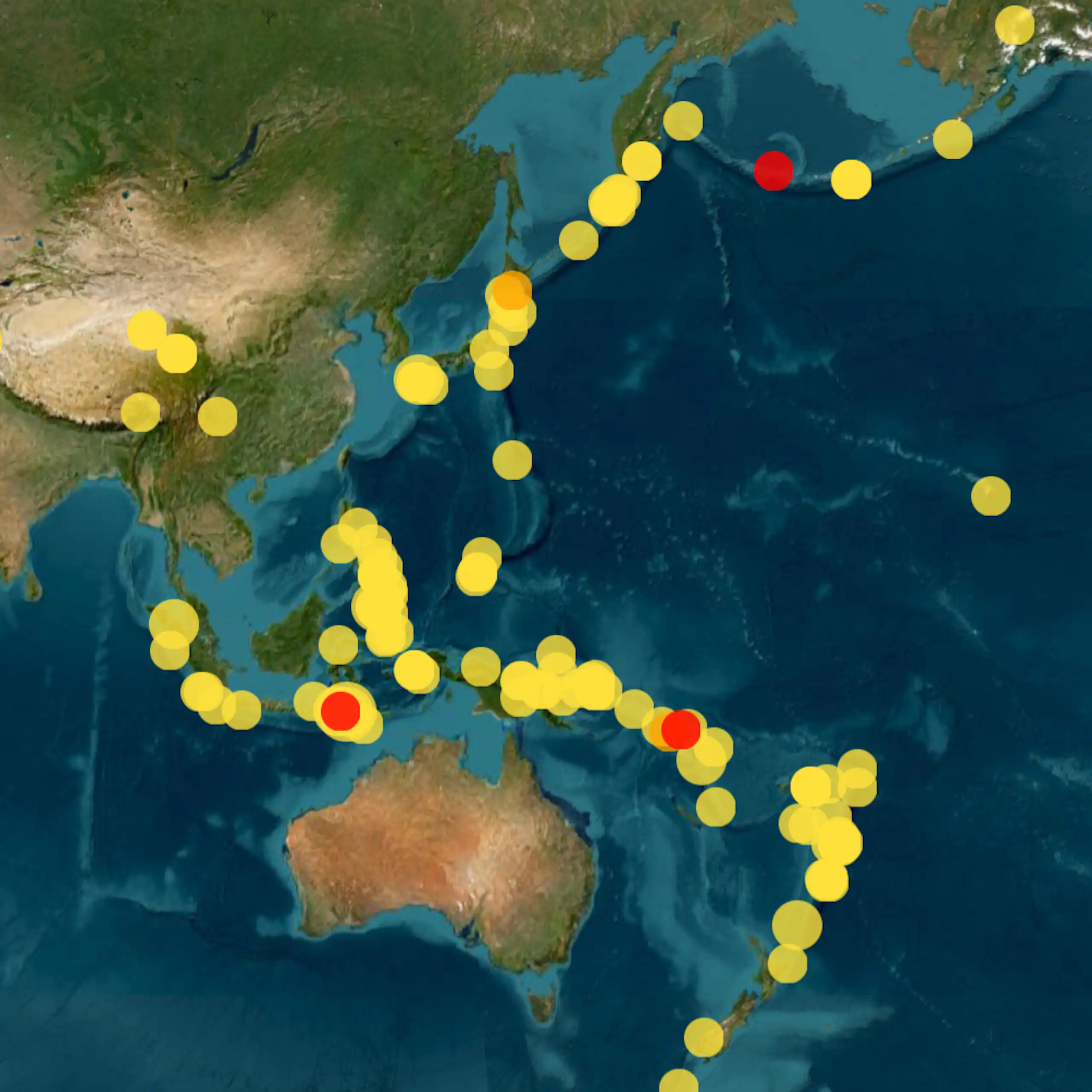 A map showing lots of yellow dots and a few red dots circled around the pacific ocean.