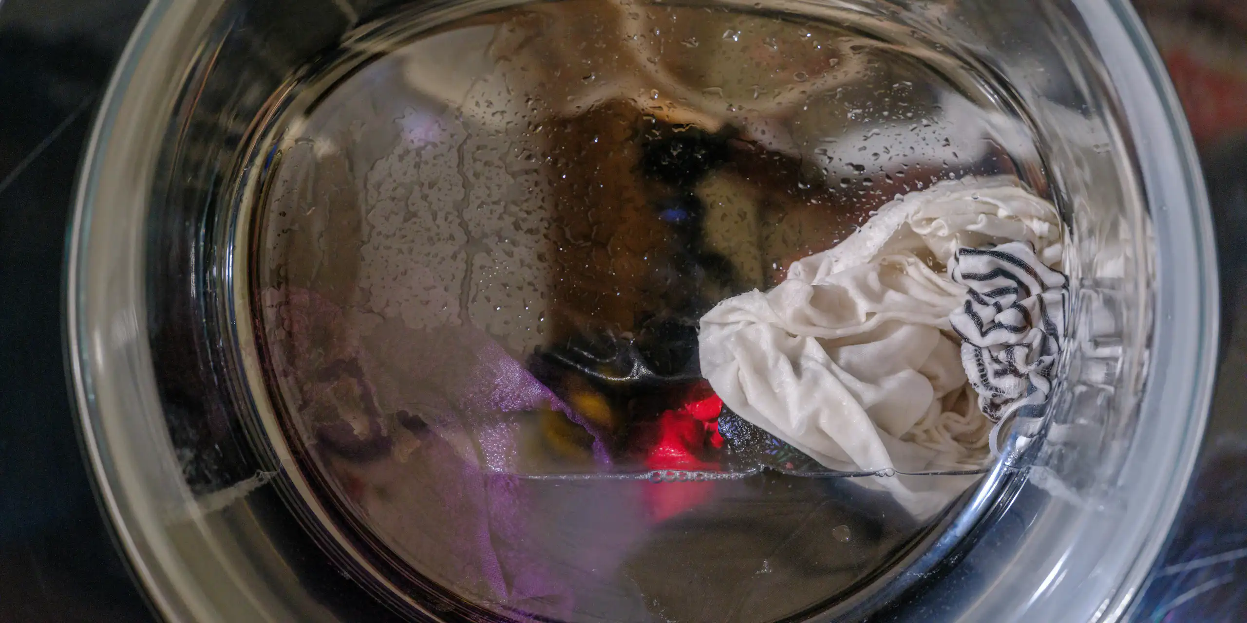 Close-up of wet laundry in a front-loading washing machine.