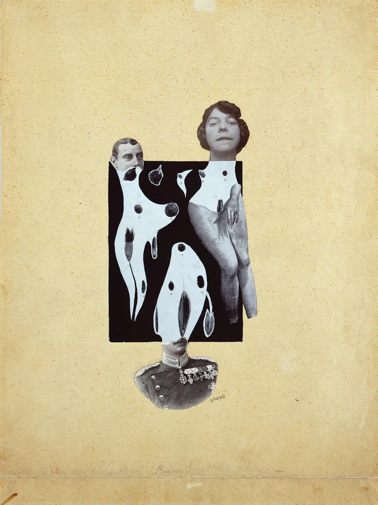 Three photographed heads appear to disappear or emerge from strange white blobs.