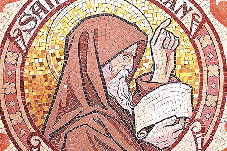 Stained glass depiction of Saint Adomnán, Abbott of Iona.