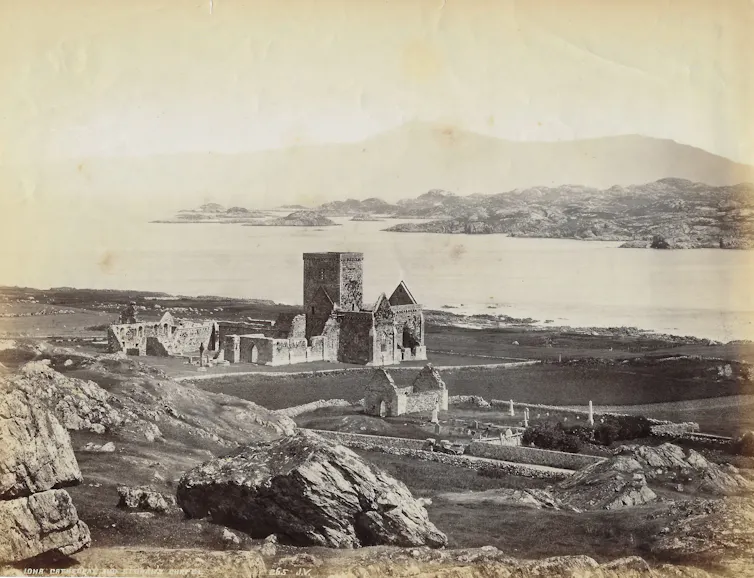 Sepia photograph from the 1890s of the ruins of Iona Abbey before restoration.
