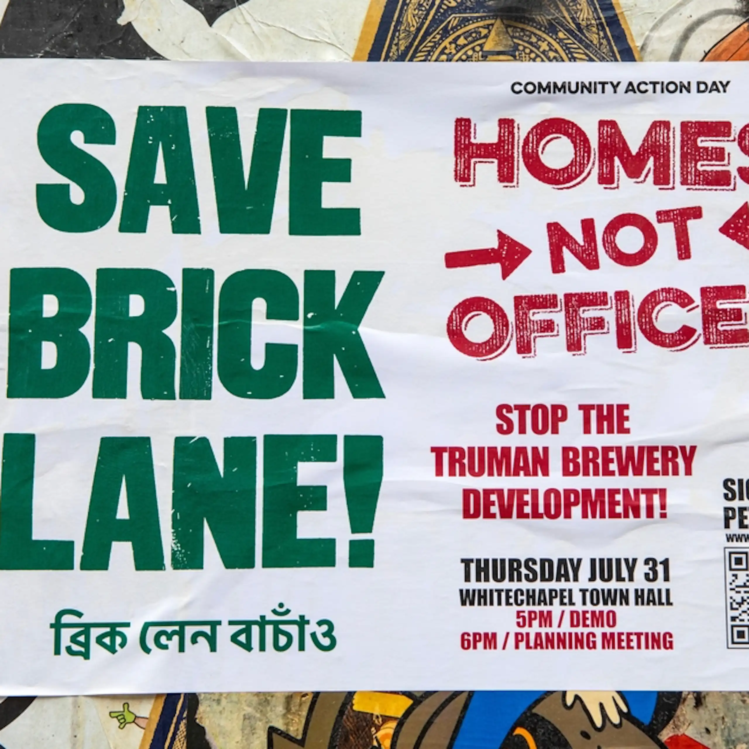 A protest banner reading 'save Brick Lane' ' homes not offices'