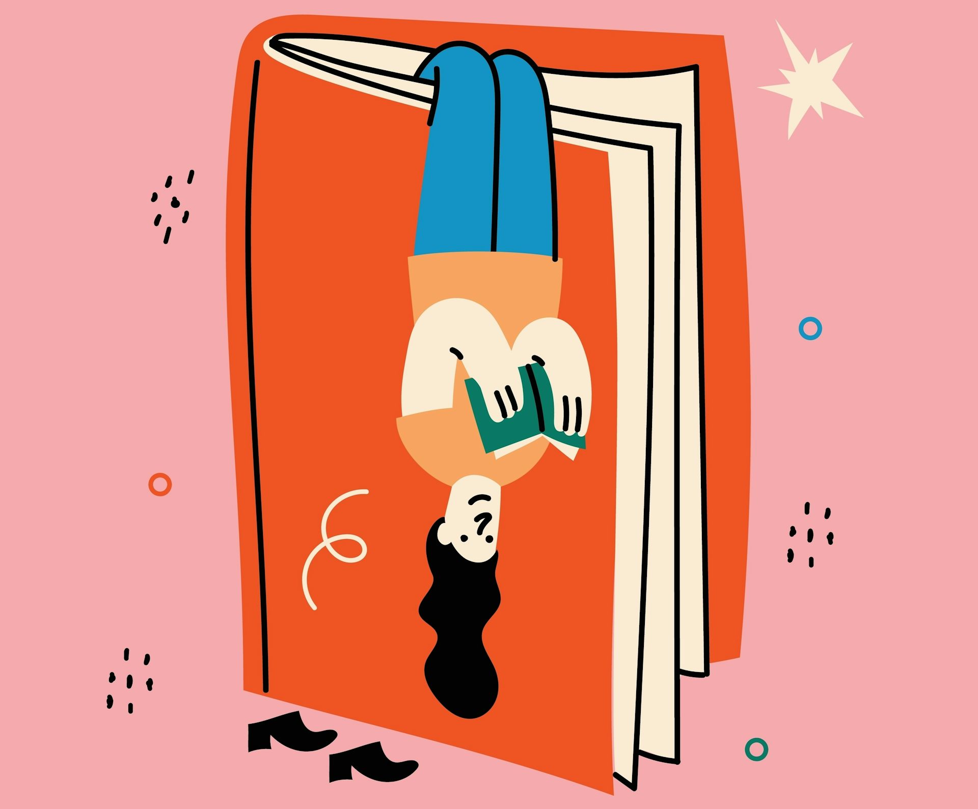 Illustration of a woman hanging upside down from a giant book