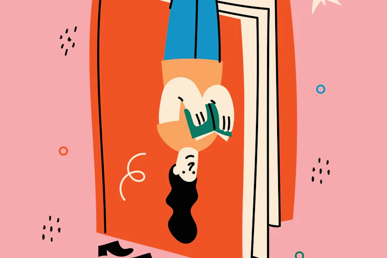Illustration of a woman hanging upside down from a giant book