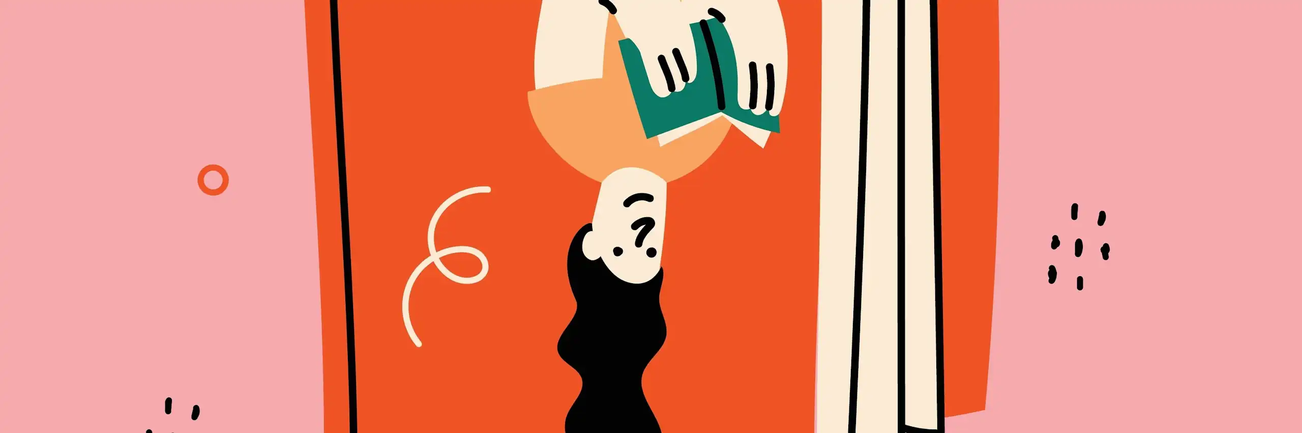 Illustration of a woman hanging upside down from a giant book