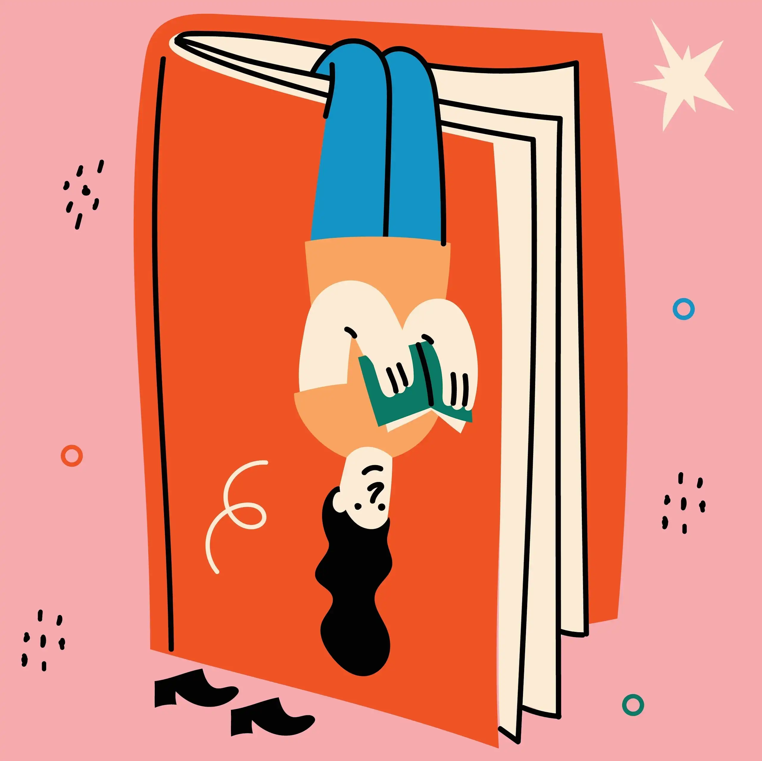 Illustration of a woman hanging upside down from a giant book