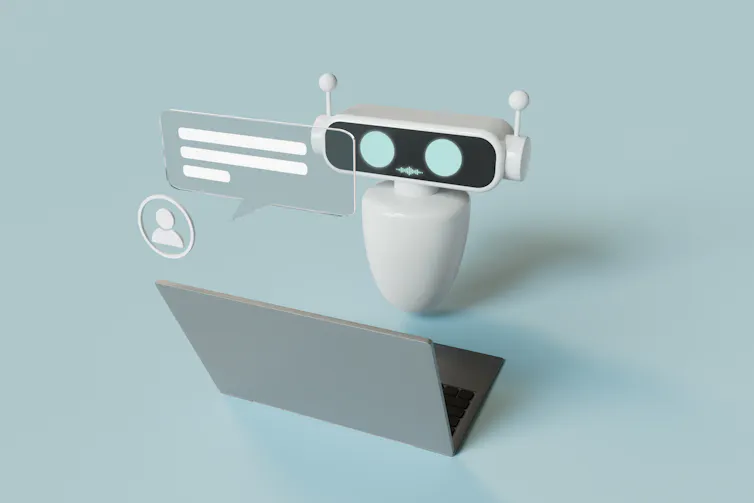 A robot works on a laptop in a artistic rendering of customer service delivered via AI.