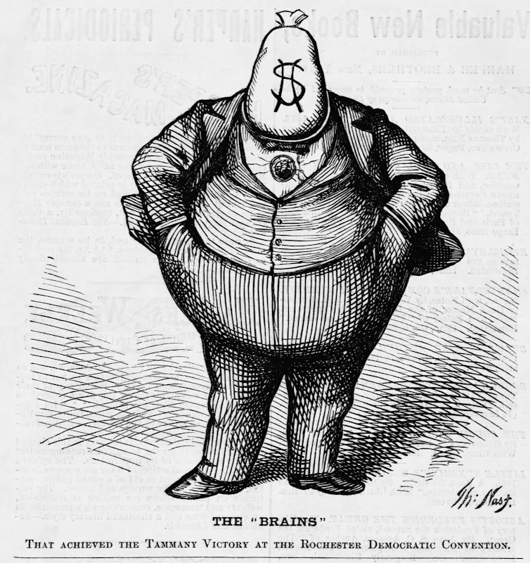 A large fat man in a three piece suit with a bag of money for a head.