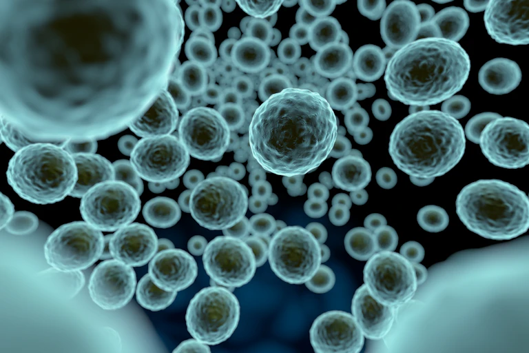 An illustration of floating round microbes