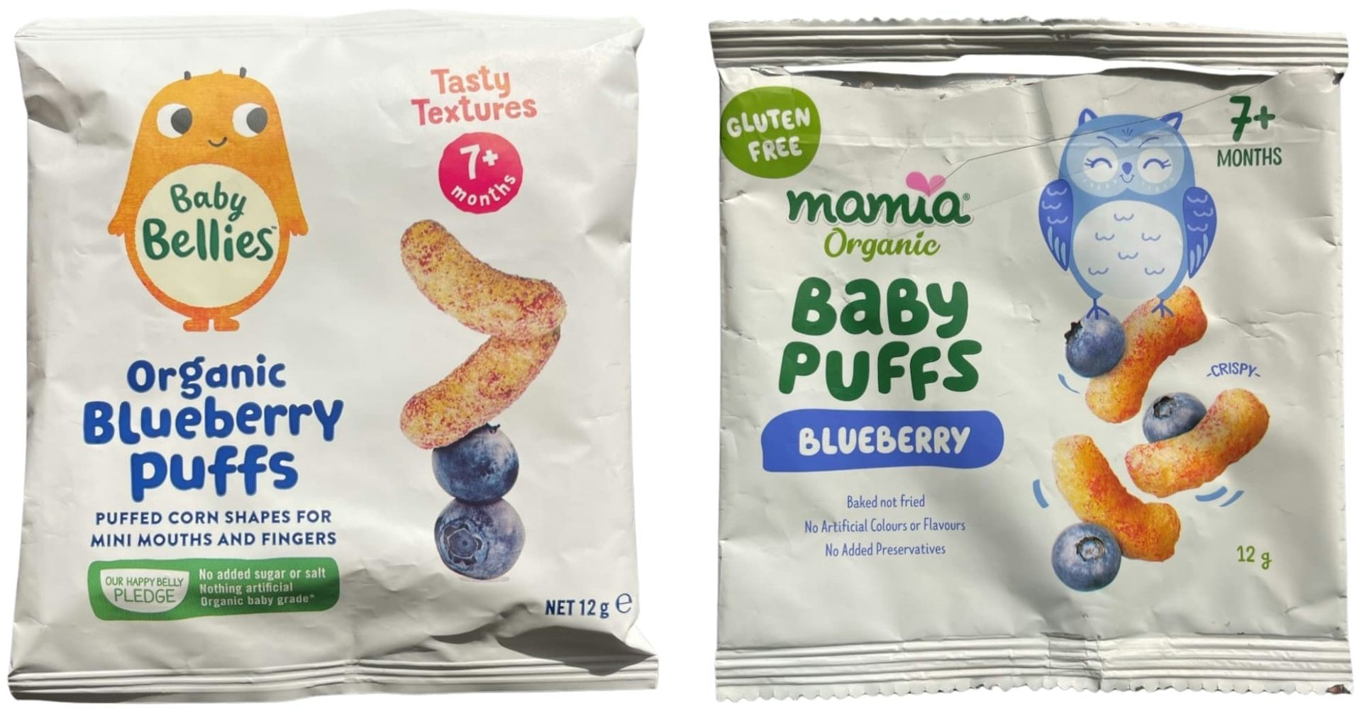 Blueberry Puffs Hampden packaging compared to and MAMIA Baby Puffs Blueberry Aldi artwork