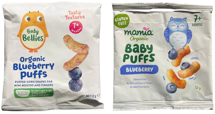 Blueberry Puffs Hampden packaging compared to and MAMIA Baby Puffs Blueberry Aldi artwork