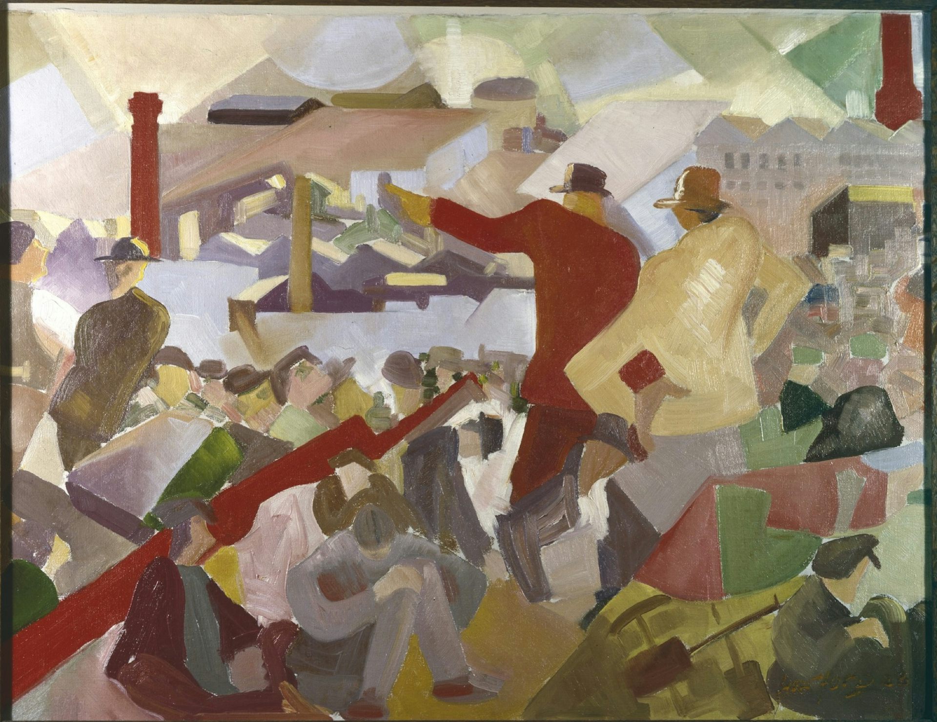 Expressionist painting depicting a crowd of stylised geometric human figures