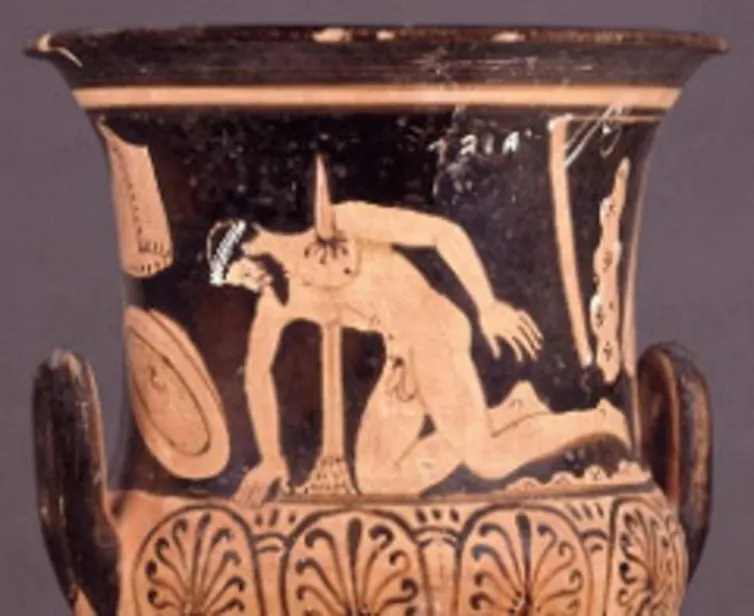A Greek vase showing a man falling on his own sword.