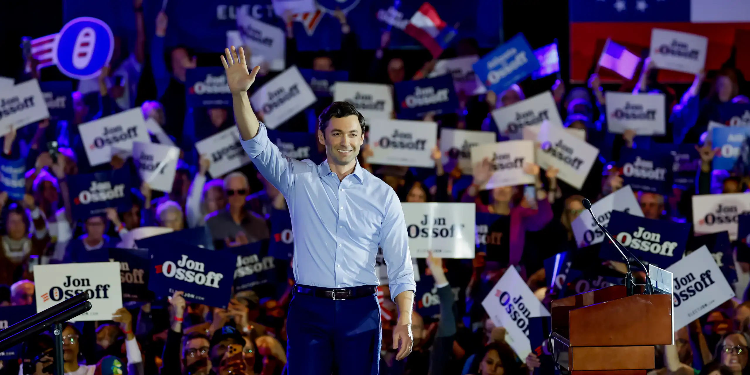 Georgia Democratic senator Jon Ossoff waves to supporters at an election rally in February 2026.