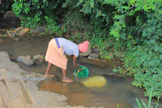 A woman scooping water out of a ditch on the side of the road