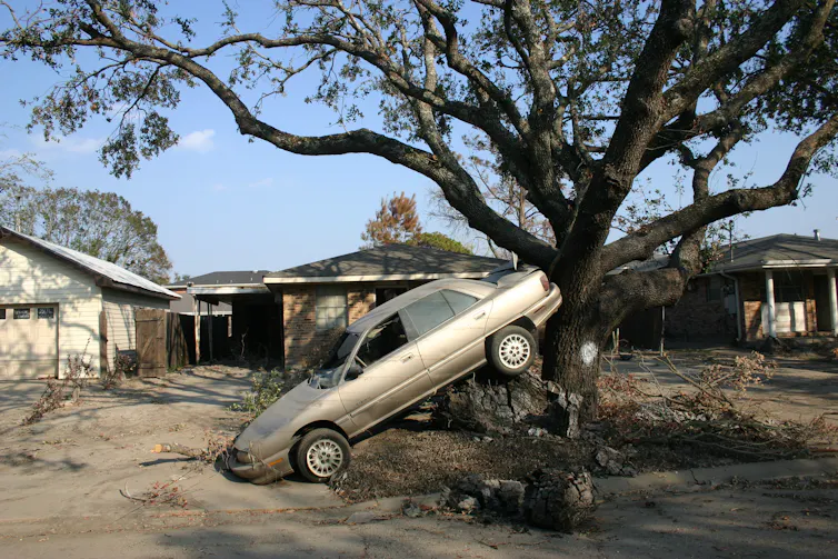 car damaged next to tree, broken buildings post hurricane
