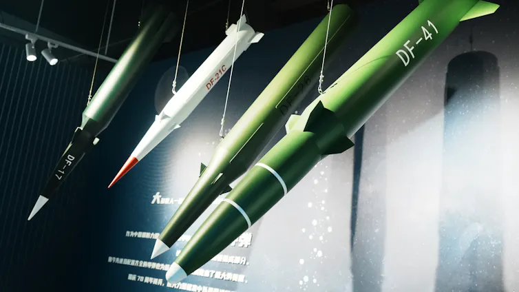Models on display of China's DF-17 hypersonic short-range conventional ballistic missile.
