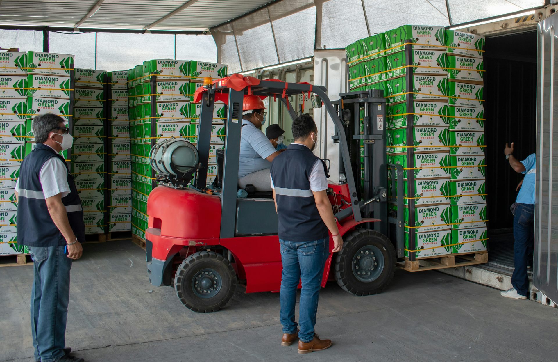 Boxes of Ecuadorian bananas being lifted into a container in Machala.
