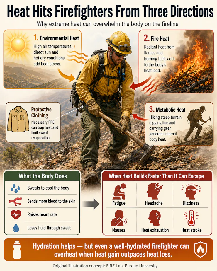 An infographic discusses ways firefighters face heat from the fire, the environment and their own bodies from the exertion when battling wildfires.