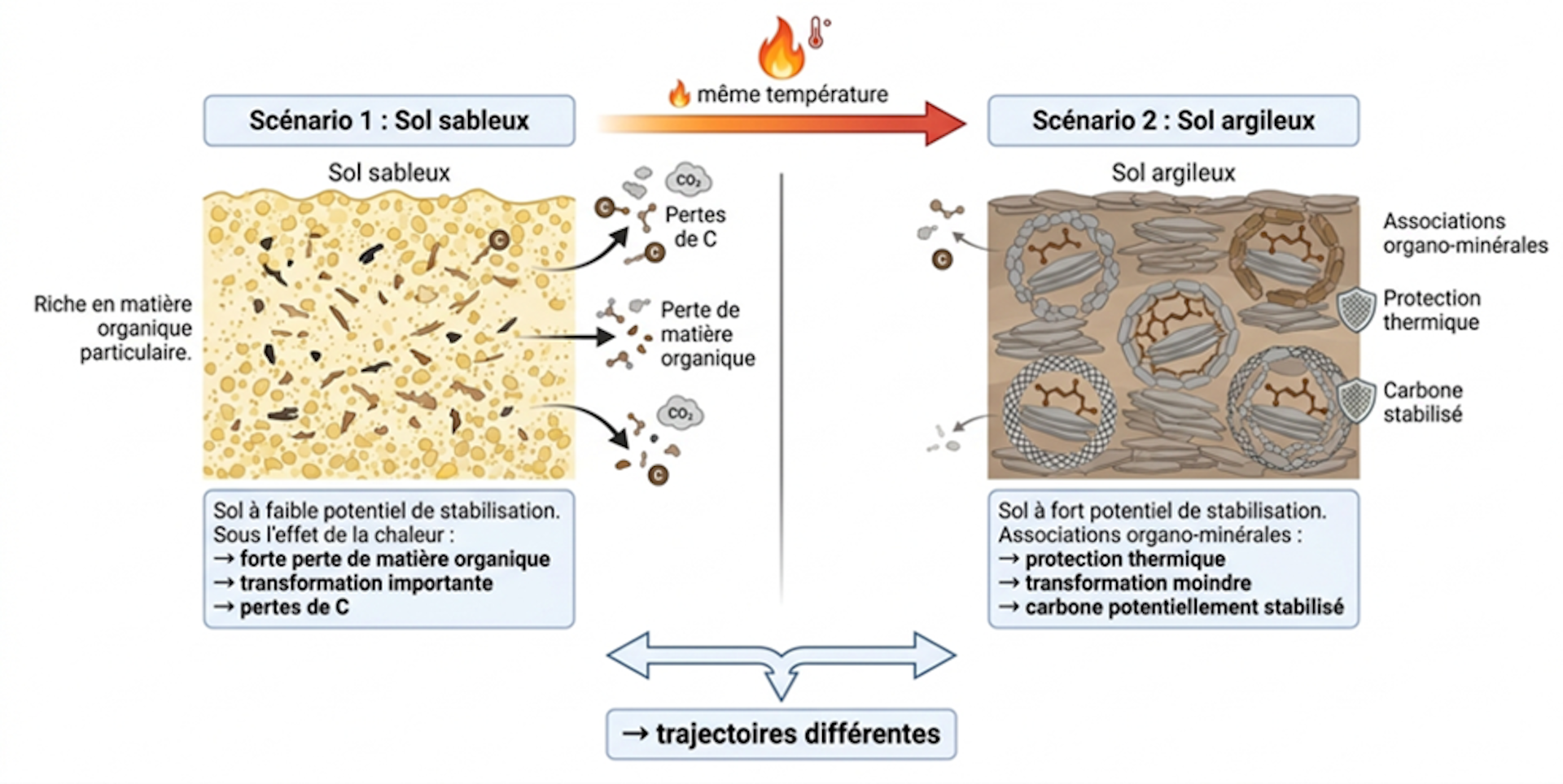 Illustration de l’effet du feu sur un sol sableux (enrichi en matière organique particulaire) et un sol argileux (enrichi en matière organique associée aux minéraux et donc plus stable). Dans la figure, l’élément carbone est représenté par la lettre C