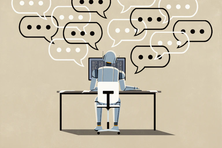 Dot dot dot symbols inside speech bubbles hover above humanoid chatbot robot working at computer.