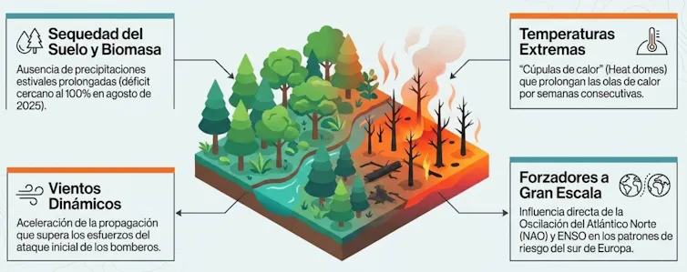 Infografía que muestra factores que facilitan incendios como vientos, sequedad y temperaturas extremas.