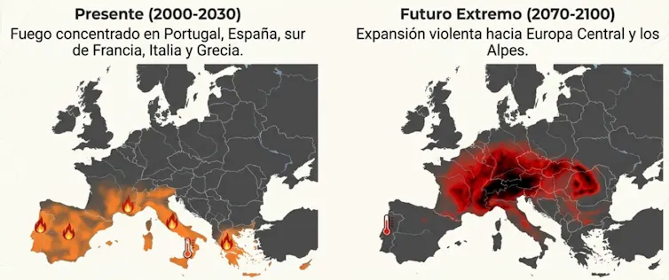 Mapas de Europa donde se observa que los incendios forestales más catastróficos se irán trasladando desde el sur hacia el centro