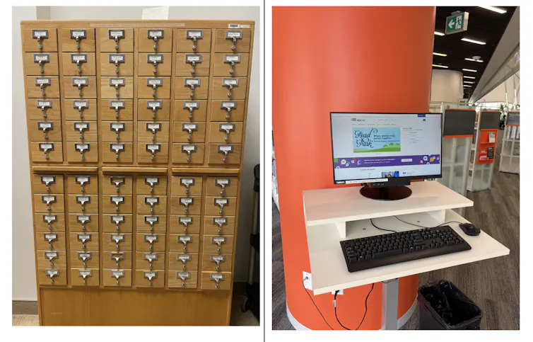 Working wood library catalogue and computer with a screen showing a modern library catalogue.