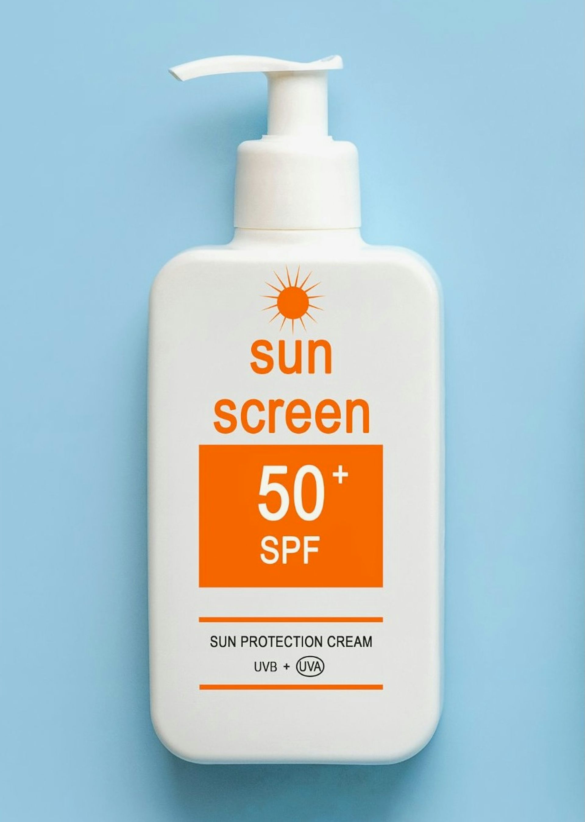 A pump bottle of SPF 50 sunscreen against a blue background