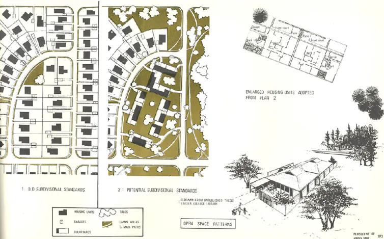 Old town planning map showing houses and green space
